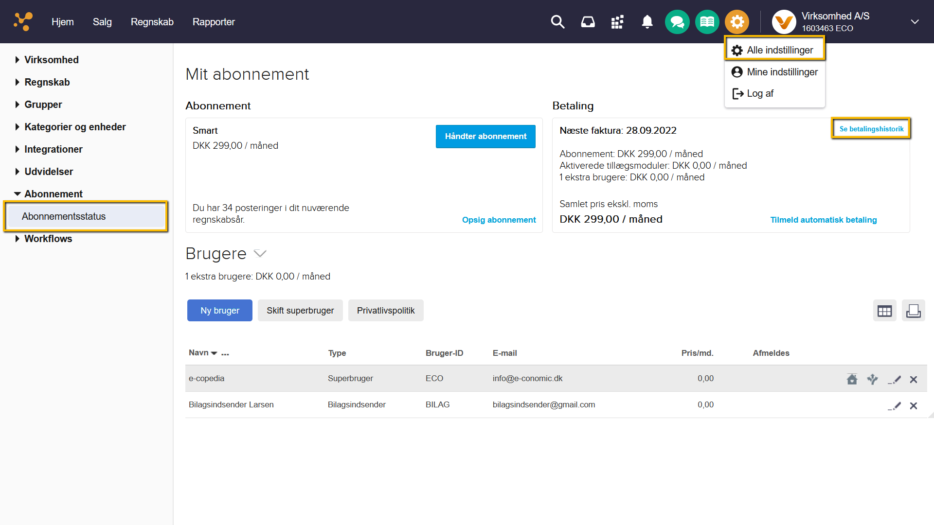 Viser knappen 'Se betalingshistorik' i abonnementsstatus – bruges til at åbne en oversigt over tidligere betalinger.