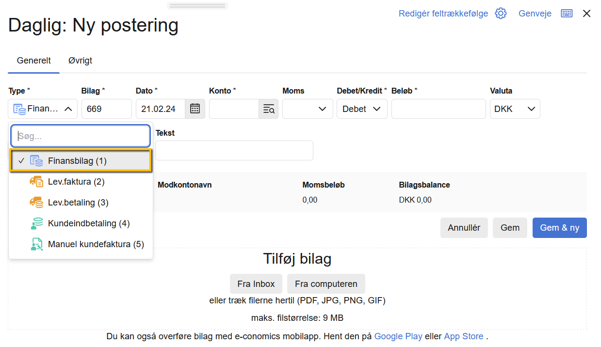 Viser valg af bilagstypen 'Finansbilag' i en ny postering – bruges til at angive, at posteringen skal bogføres som et finansbilag.