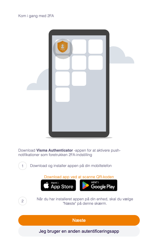 Viser guide til opsætning af to-faktor-godkendelse i e-conomic – bruges til at instruere brugeren i at downloade Visma Authenticator-appen.