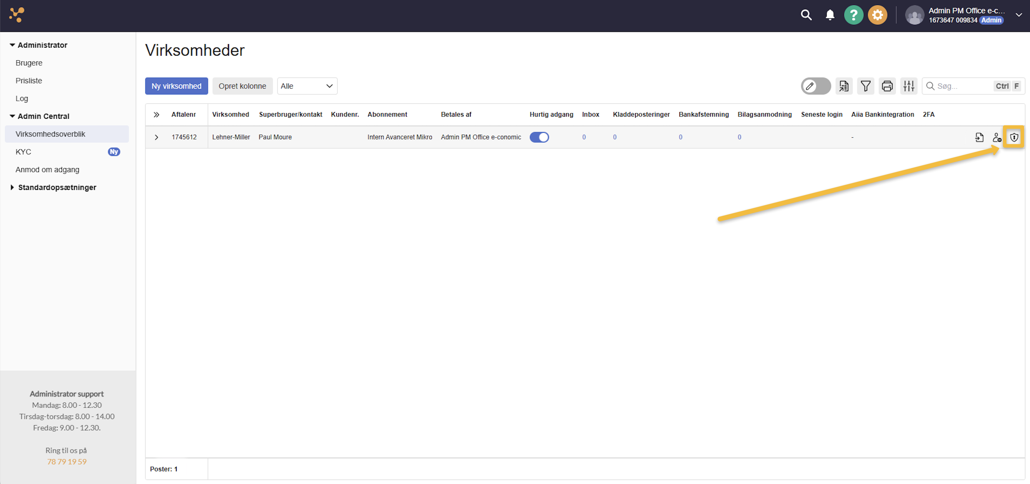 Viser adgang med to-trins-bekræftelse-ikonet i virksomhedsoverblikket i Admin Central – bruges til at anmode om adgang til en kundes aftale, når kunden bruger to-trins-bekræftelse.