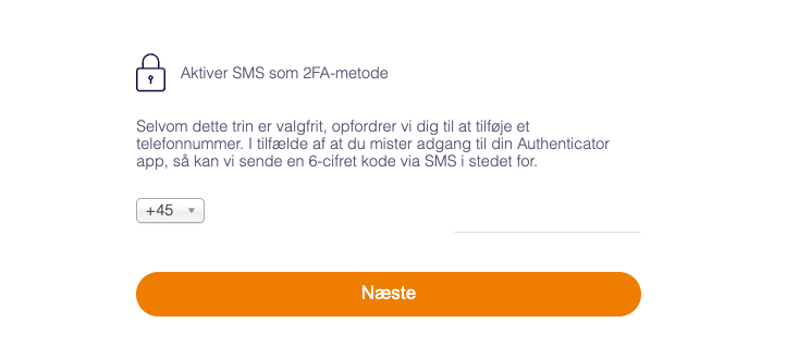 Viser aktivering af SMS som 2FA-metode i login- og sikkerhedsopsætningen – bruges til at tilføje et telefonnummer som en alternativ login-metode.