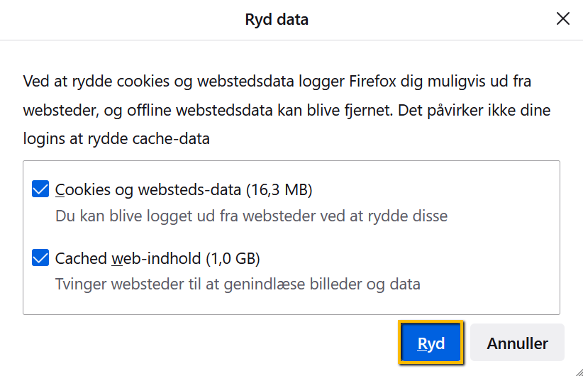 Viser 'Ryd data' dialogboksen i Mozilla Firefox – bruges til at slette valgte cookies og cachelagret webindhold.