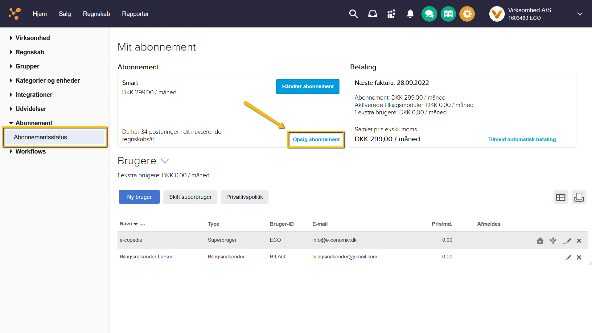 Viser knappen "Opsig abonnement" i Abonnementsstatus – bruges til at påbegynde skiftet til en arkivlicens.
