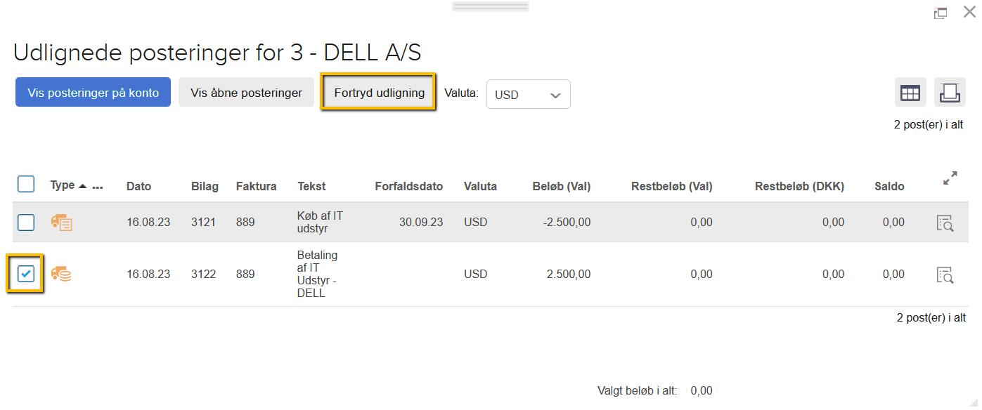 Viser knappen 'Fortryd udligning' i vinduet 'Udlignede posteringer' – bruges til at ophæve den valgte udligning.