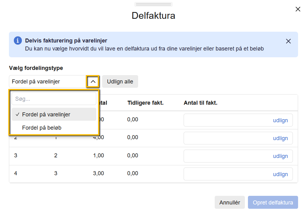 Viser rullemenuen 'Vælg fordelingstype' i pop op-vinduet 'Delfaktura' – bruges til at vælge, om faktureringen skal fordeles på varelinjer eller på beløb.