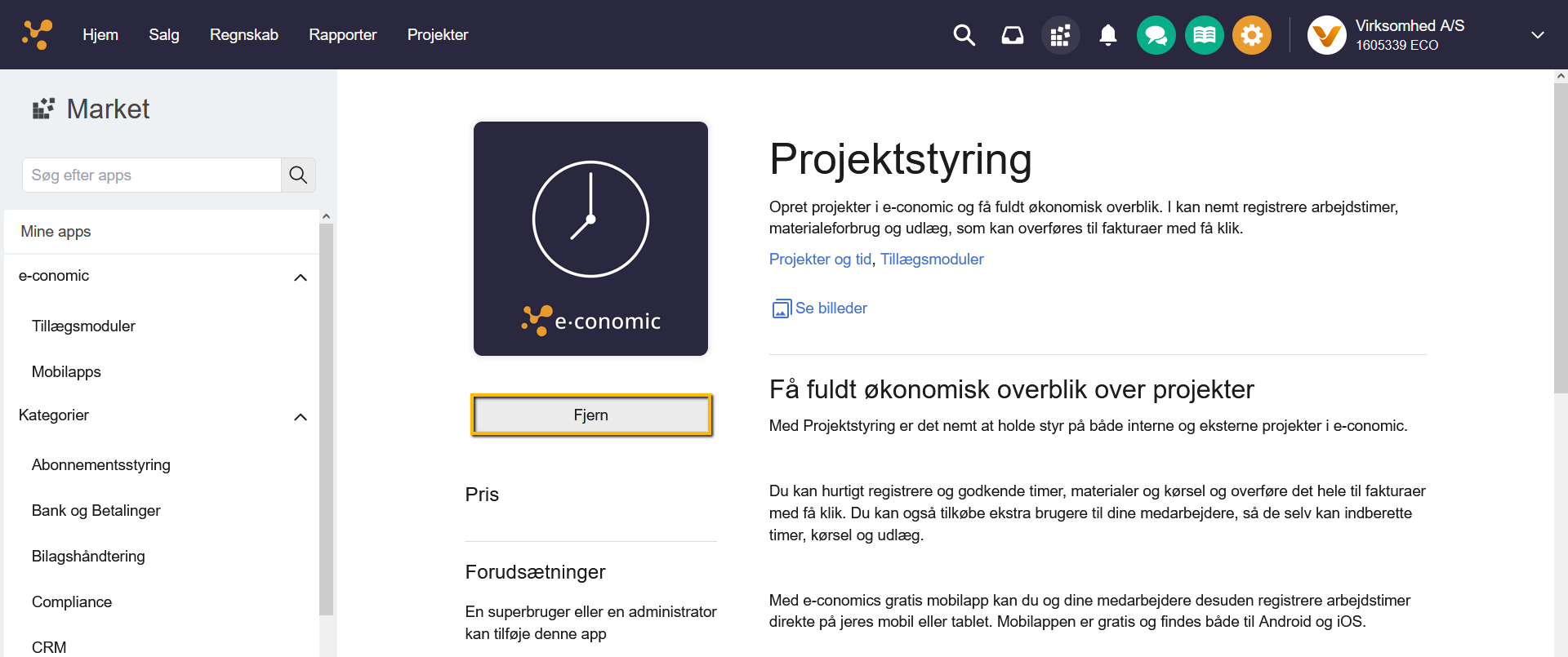 Viser knappen 'Fjern' i Market – bruges til at fjerne en app fra sin aftale.