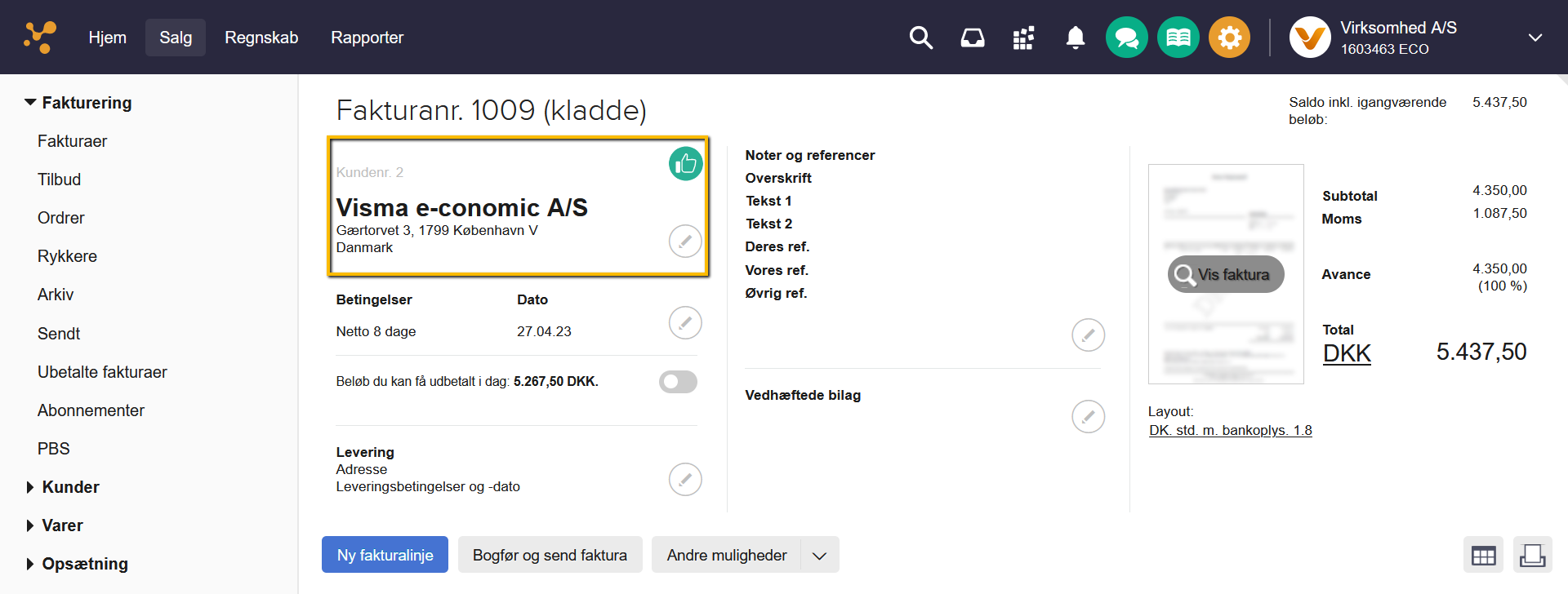 Viser kundens navn i en fakturakladde – bruges til at redigere kundens oplysninger.