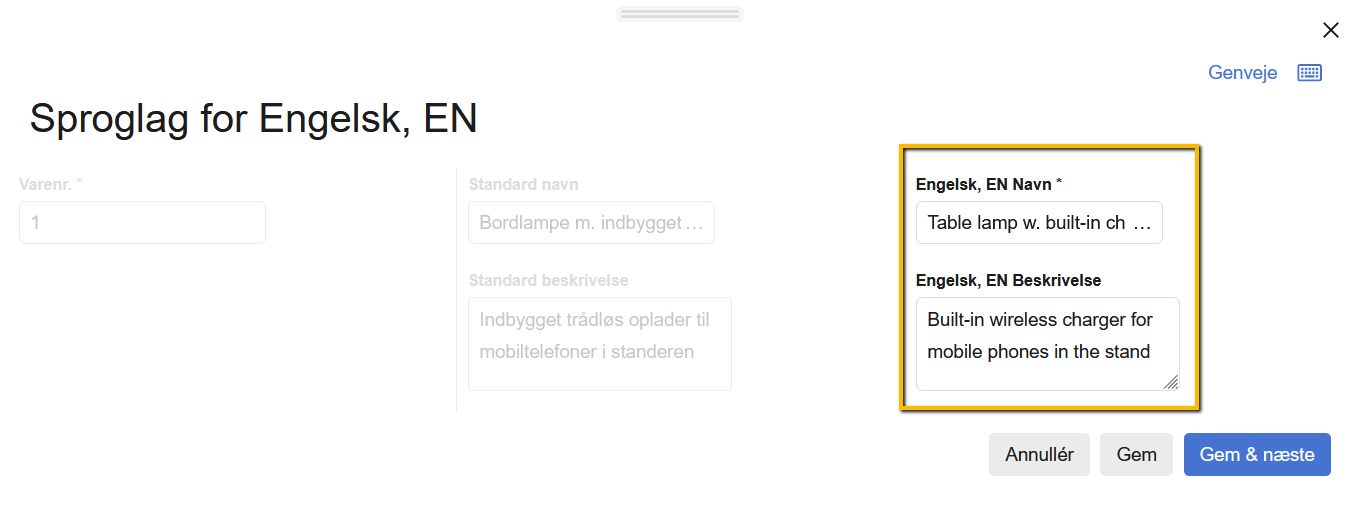 Viser felterne til en vares navn og beskrivelse i sproglags-indstillingerne – bruges til at oversætte varen til et andet sprog.