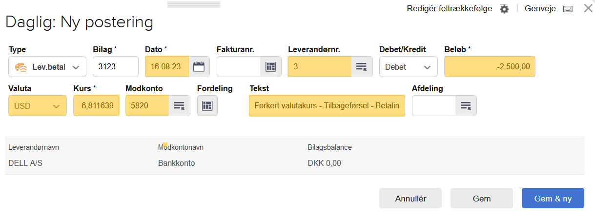 Viser en udfyldt postering til tilbageførsel i kassekladden – bruges til at tilbageføre en leverandørbetaling i valuta.