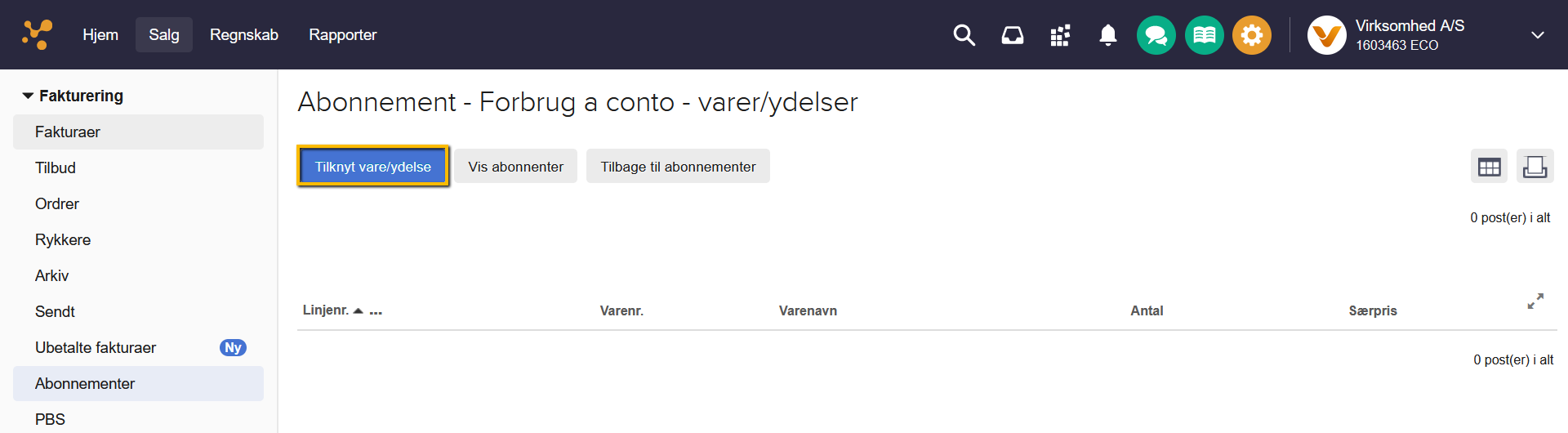 Viser knappen 'Tilknyt vare/ydelse' i abonnementsmodulet – bruges til at tilføje en vare eller ydelse til abonnementet.