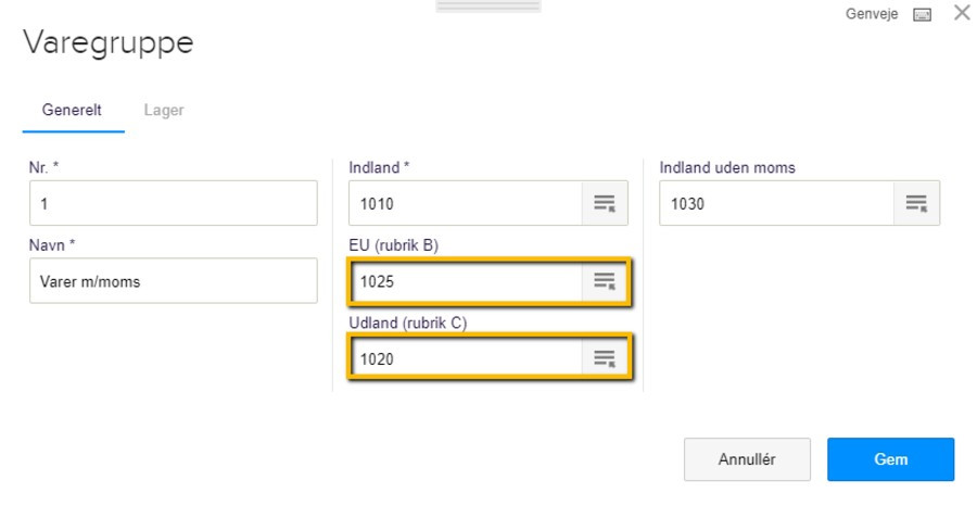 Viser felterne "EU (rubrik B)" og "Udland (rubrik C)" i en varegruppe – bruges til at tilknytte de korrekte salgskonti for salg til udlandet.