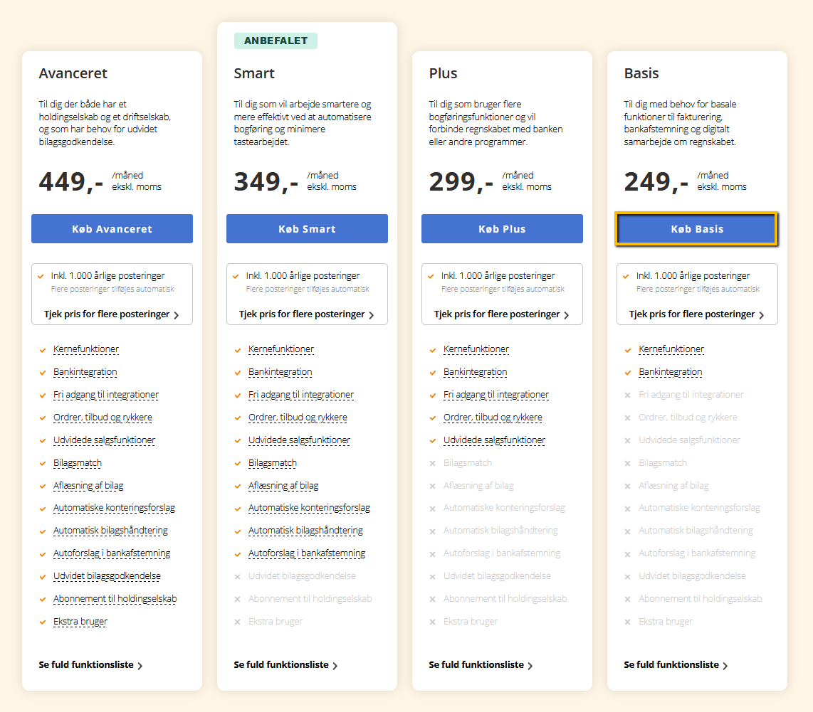 Viser en oversigt over e-conomics abonnementspakker i prisoversigten – bruges til at sammenligne priser og funktioner for at vælge den rette pakke.