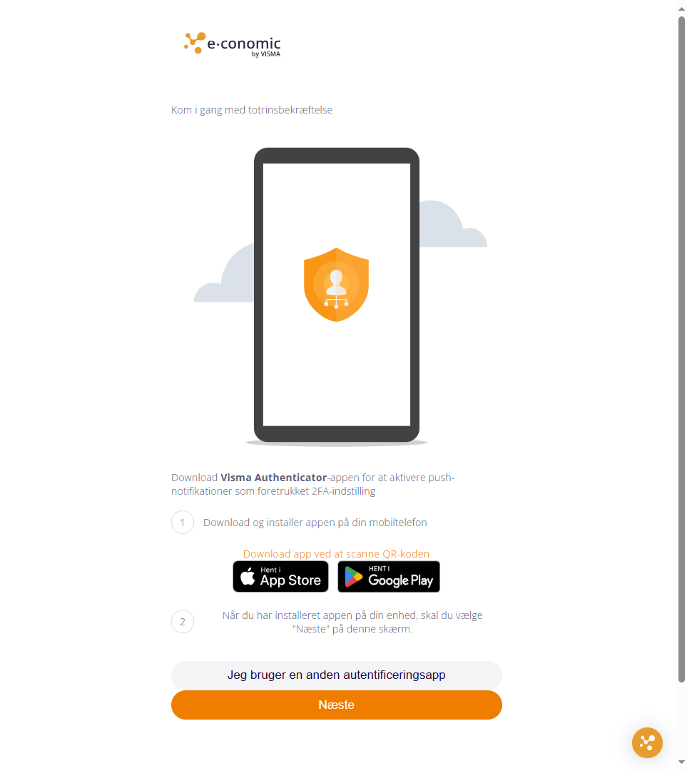 Viser opsætningsskærmen for totrinsbekræftelse i e-conomic – bruges til at installere en autentificeringsapp for at genaktivere totrinsbekræftelse.