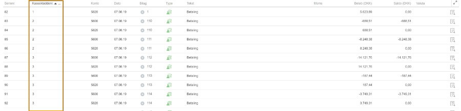 Viser kolonnen "Kassekladdenr." i posteringslisten – bruges til at finde det kassekladdenummer, en postering tilhører.