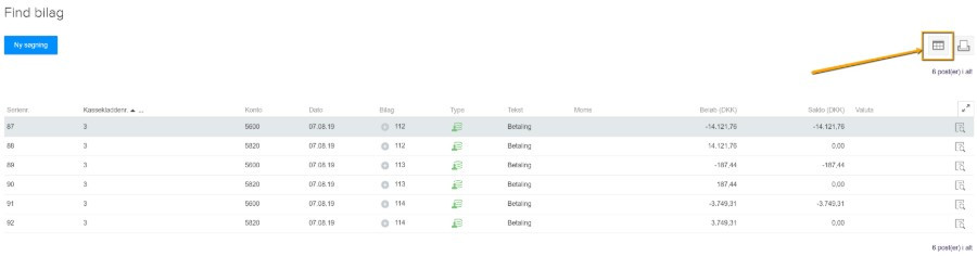 Viser Vis i Excel-ikonet i Posteringer (find bilag) – bruges til at eksportere de viste posteringer til en Excel-fil.