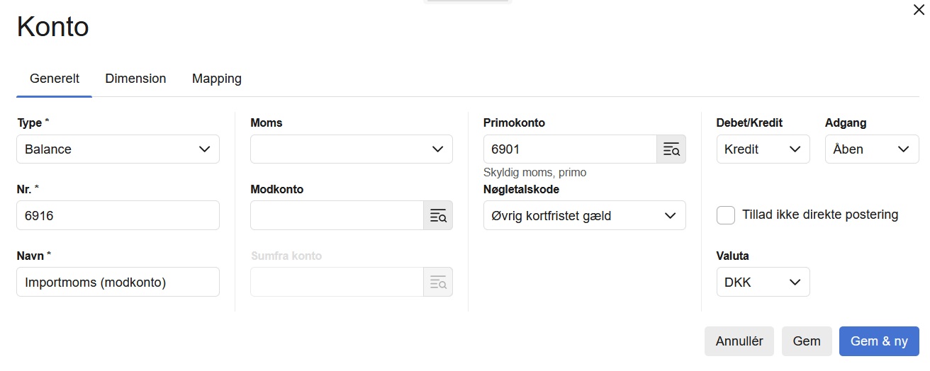 Viser oprettelse af en konto i kontoplanen – bruges til at opsætte konto 6916 for importmoms.