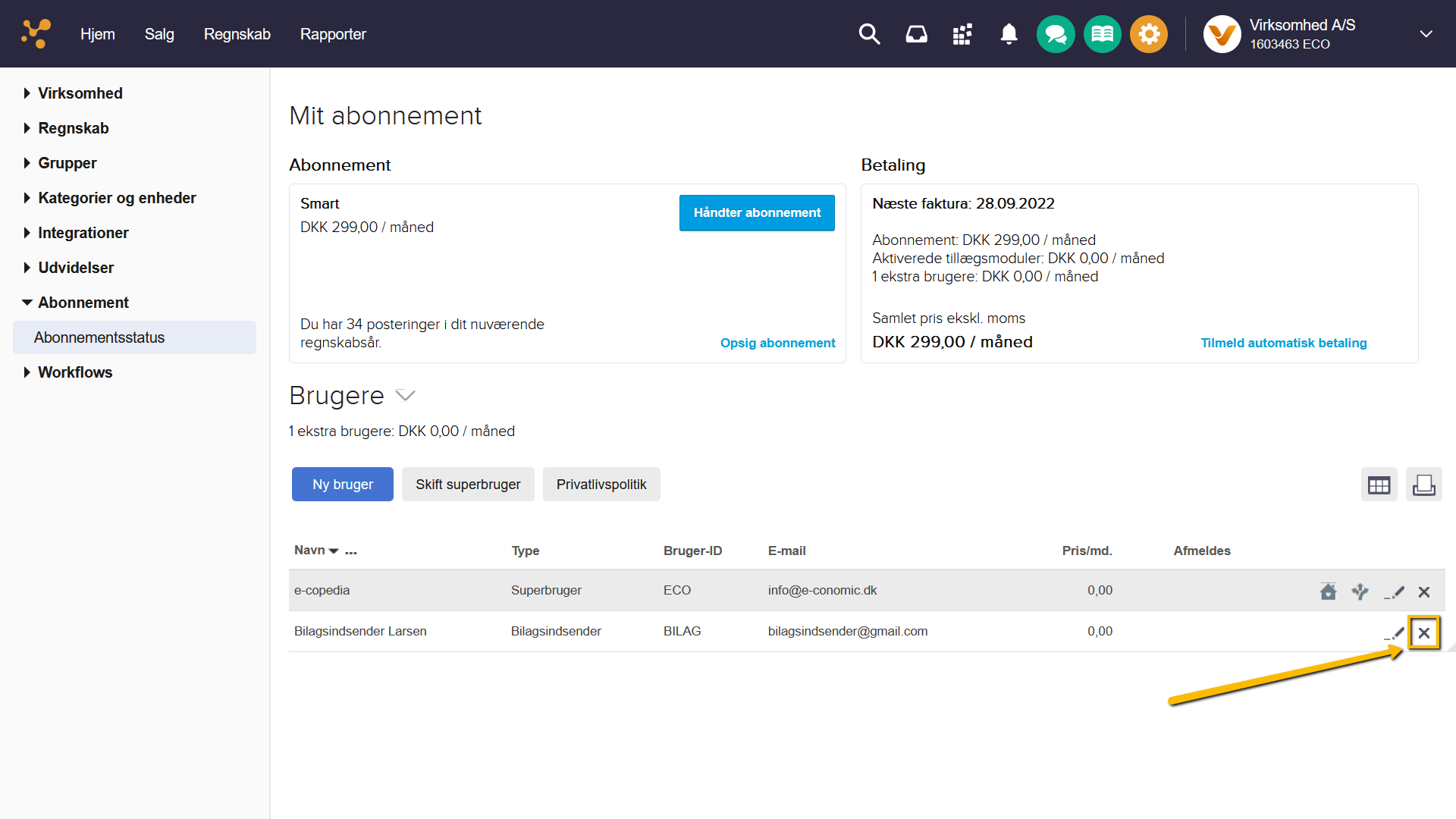 Viser kryds-ikonet i Abonnementsstatus – bruges til at afmelde en bruger