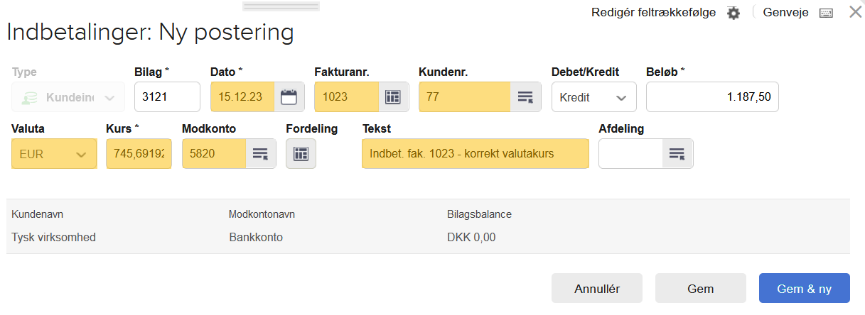 Viser en ny postering for en kundeindbetaling i kassekladden – bruges til at registrere den korrekte betaling for en faktura.