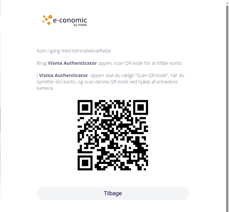 Viser en QR-kode i opsætningen af totrinsbekræftelse – bruges til at koble brugerens konto til Visma Authenticator appen
