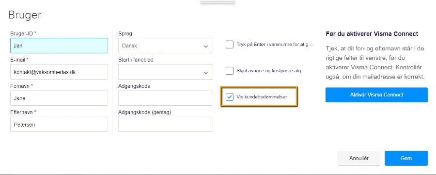 Viser fluebenet 'Vis kundebedømmelser' i Mine indstillinger – bruges til at til- og fravælge Visma Rating.