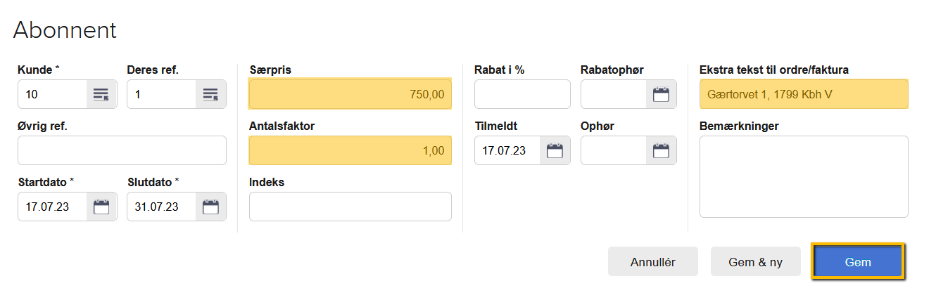 Viser oprettelse af en ny abonnent i Abonnement – bruges til at knytte en kunde til en abonnementsydelse med en særpris.