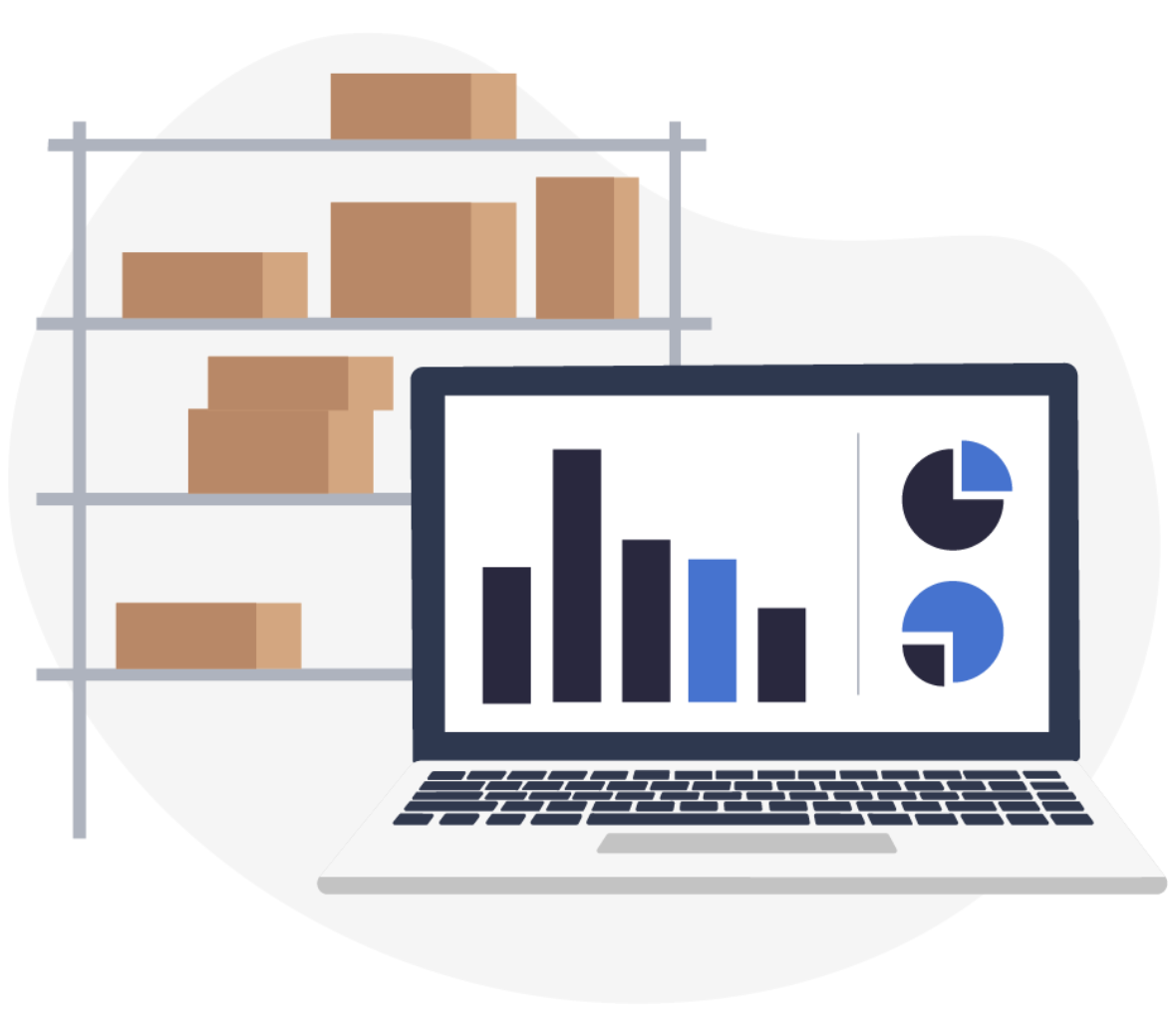 En illustration af en computere med nogle grafer på skærmen foran nogle hylder med kasser på