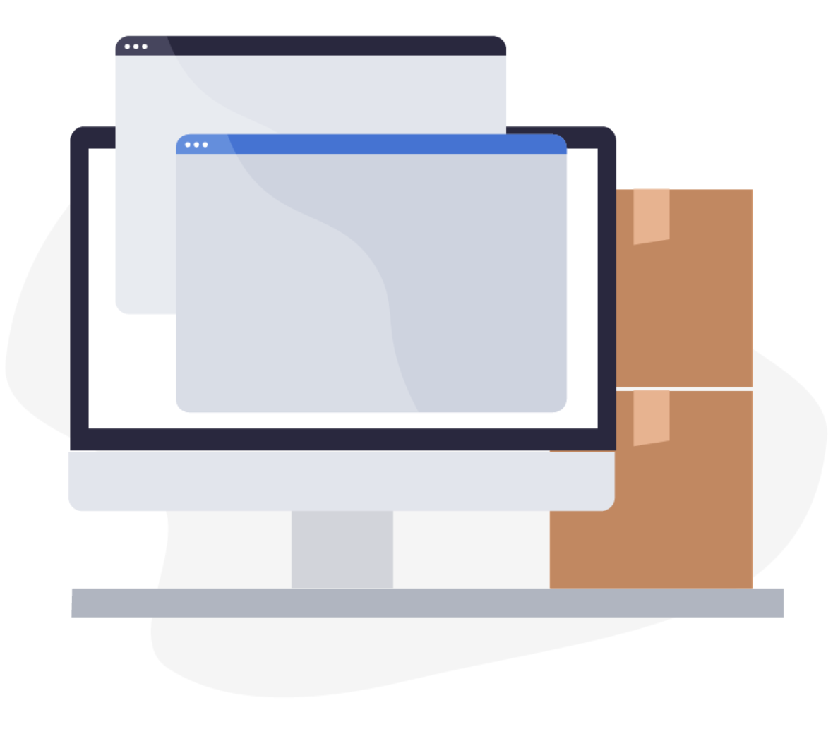 En illustration af en computer med to faner, hvor der står to kasser bagved