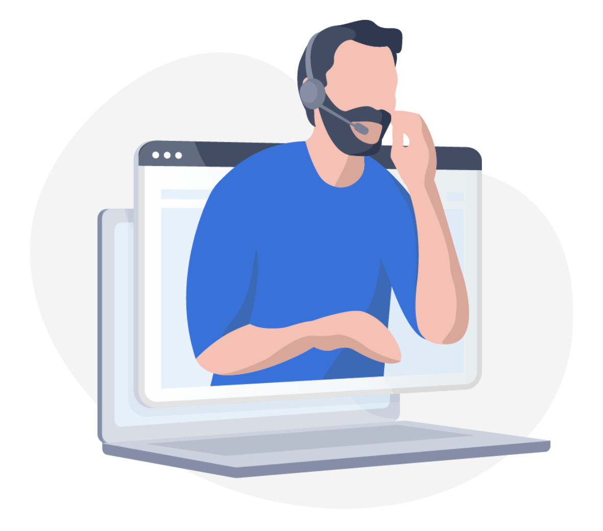 En illustration af en mand med headset, der kommer ud af en computerskærm