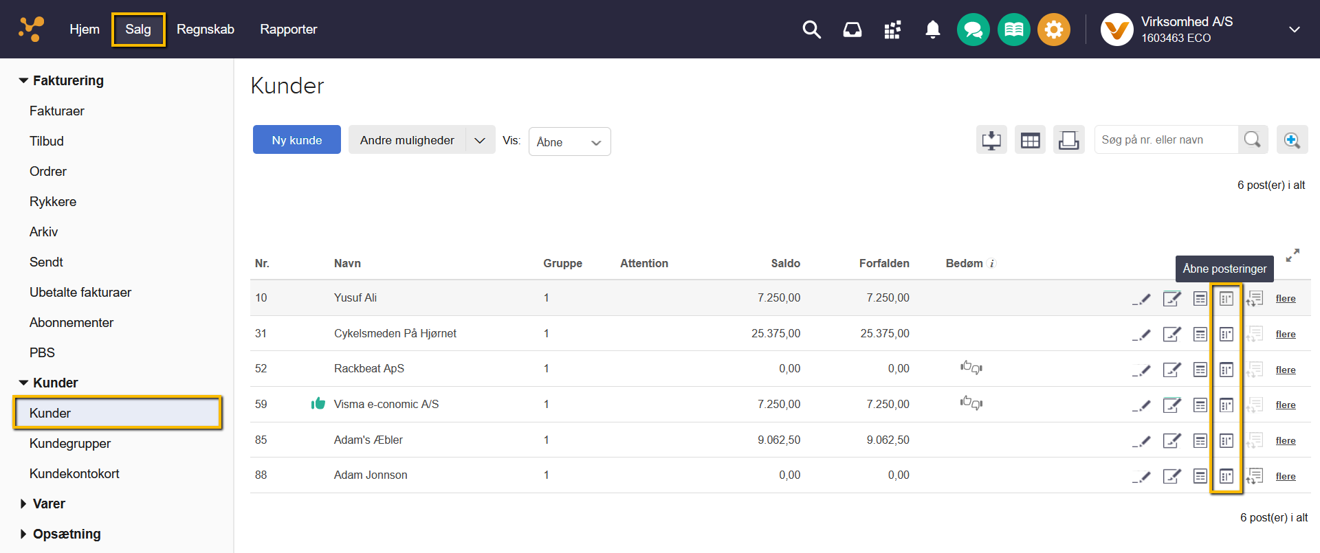 Viser "Åbne posteringer"-ikonet i kundekartoteket under Salg – bruges til at se en oversigt over en kundes åbne posteringer.