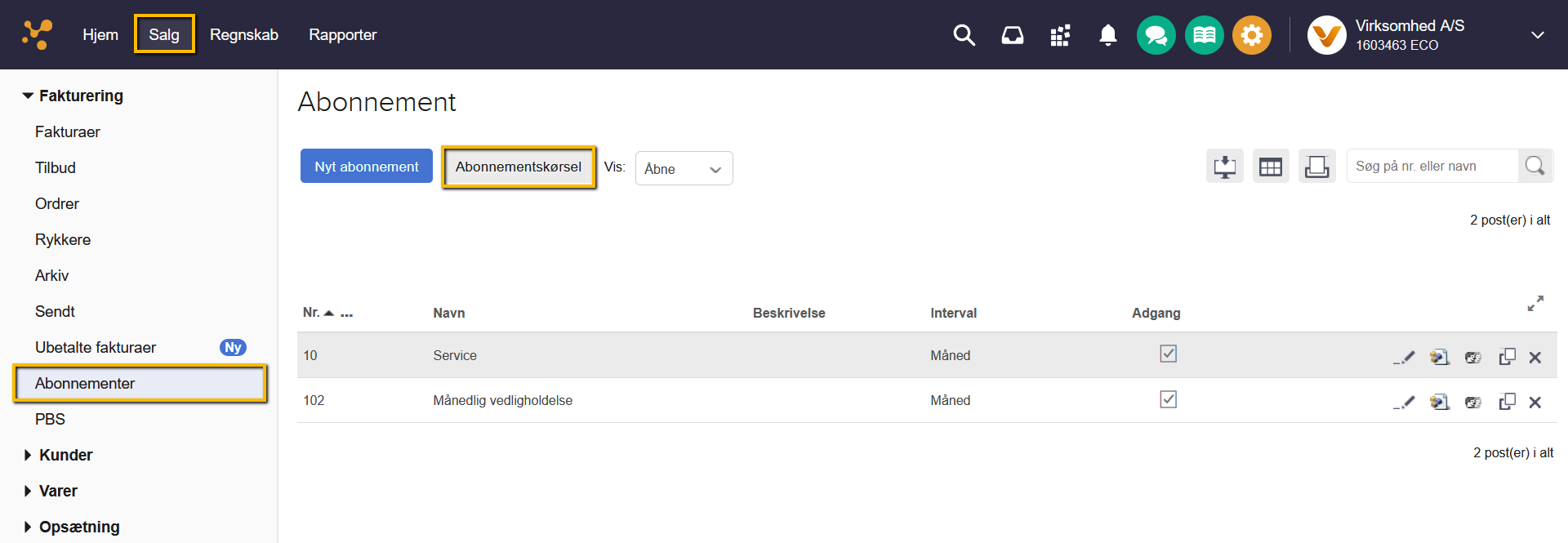 Viser knappen 'Abonnementskørsel' i abonnementsoversigten – bruges til at fakturere flere abonnenter samlet.
