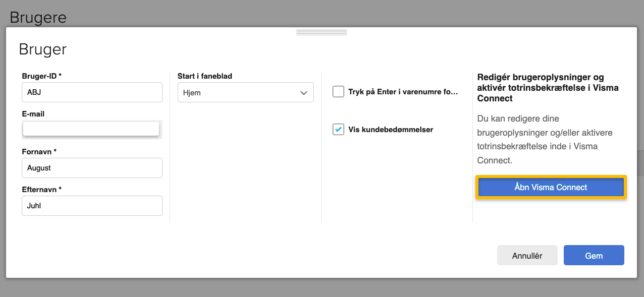 Viser redigeringsvinduet for en bruger i brugeradministrationen – bruges til at redigere brugeroplysninger og aktivere totrinsbekræftelse i Visma Connect.