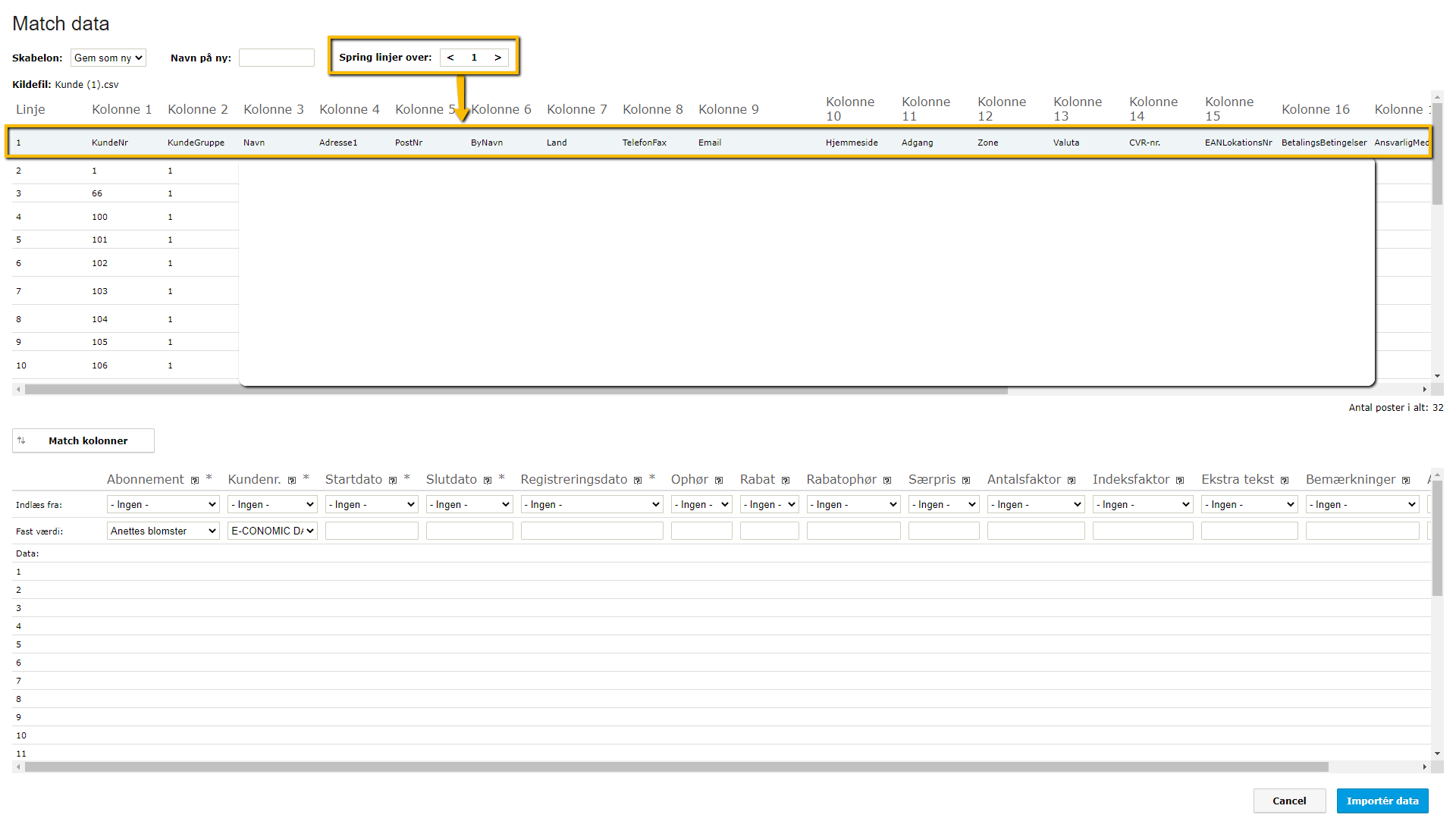 Viser kolonnematching i dataindlæsning – bruges til at mappe en importfils kolonner til systemets felter og springe overskriftsrækker over.