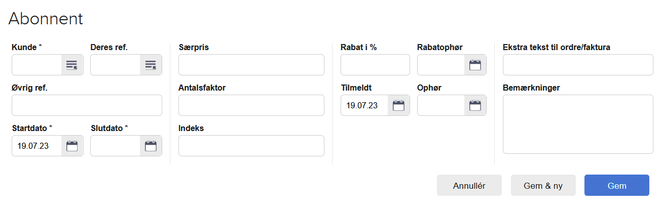 Viser generelle felter og knapper i Abonnement – bruges til at oprette og redigere en abonnementsaftale.