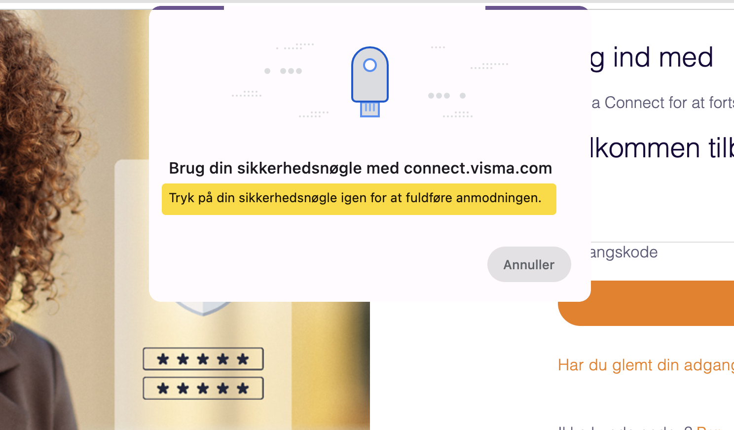 Viser dialogboks til godkendelse med sikkerhedsnøgle i Visma Connect – bruges til at fuldføre aktiveringen af to-faktor-godkendelse.