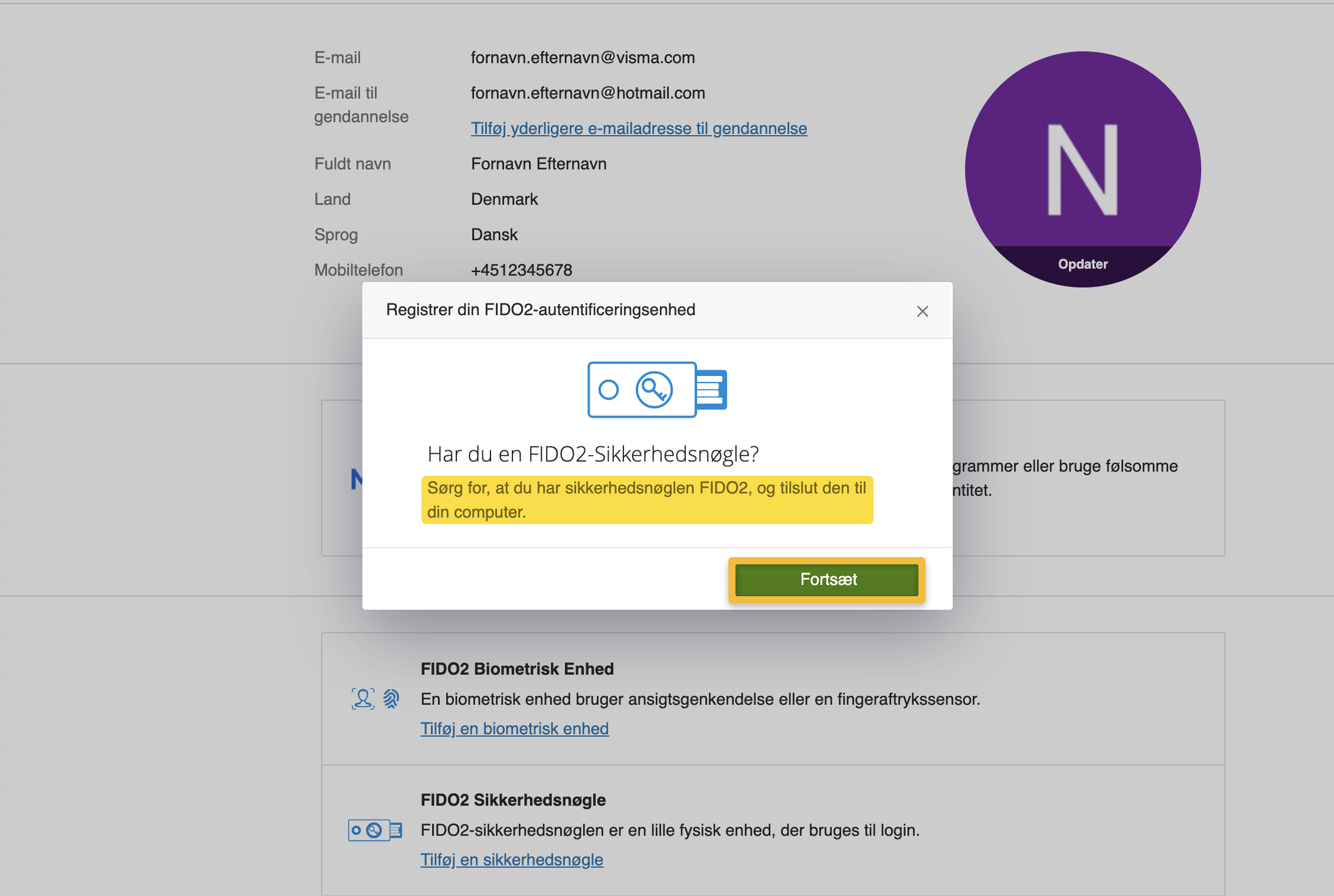 Viser dialogboks til tilslutning af sikkerhedsnøgle i brugerindstillinger – bruges til at indlede registreringen af en FIDO2-sikkerhedsnøgle.