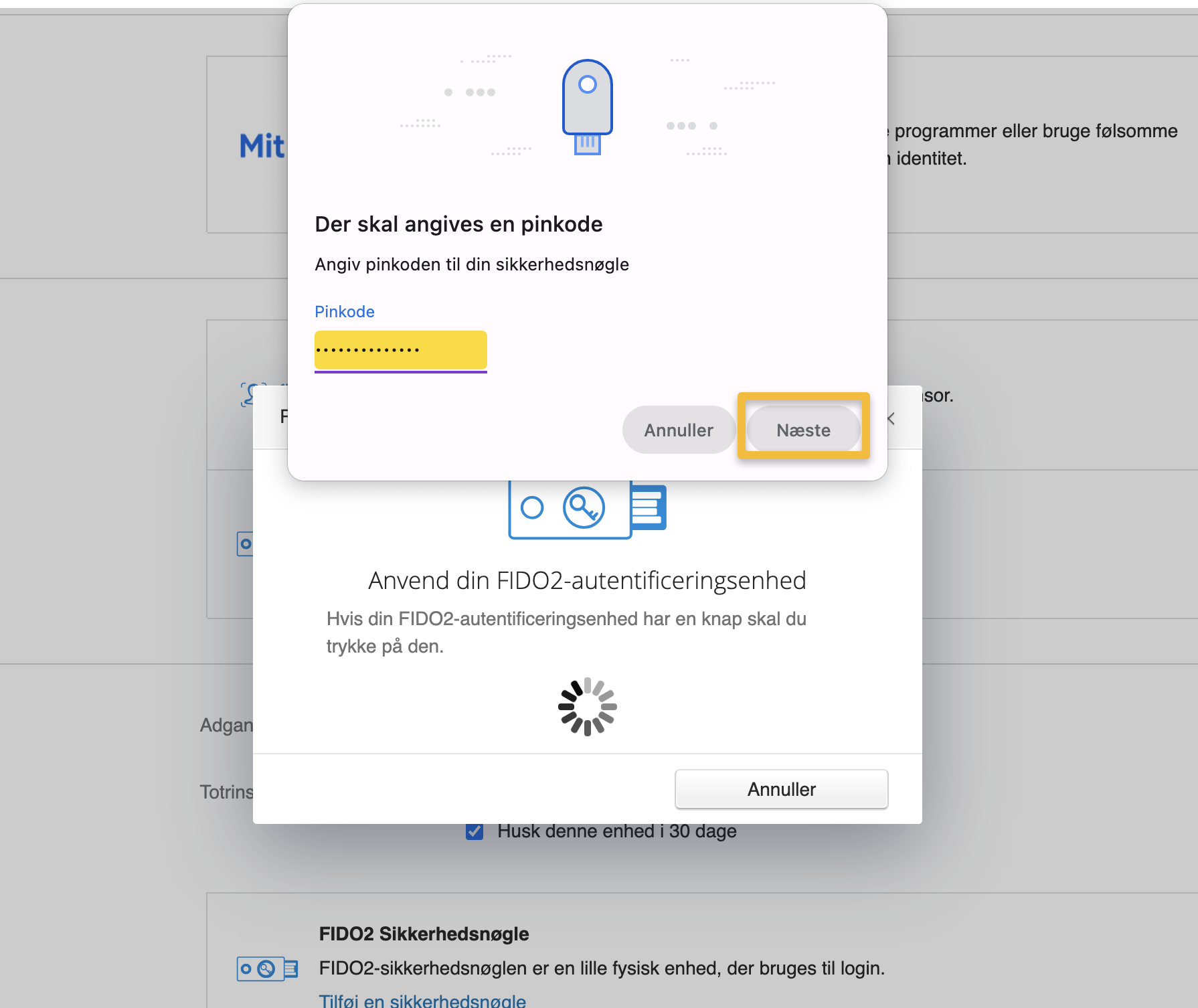 Viser indtastning af pinkode i aktivering af sikkerhedsnøgle – bruges til at godkende enheden.
