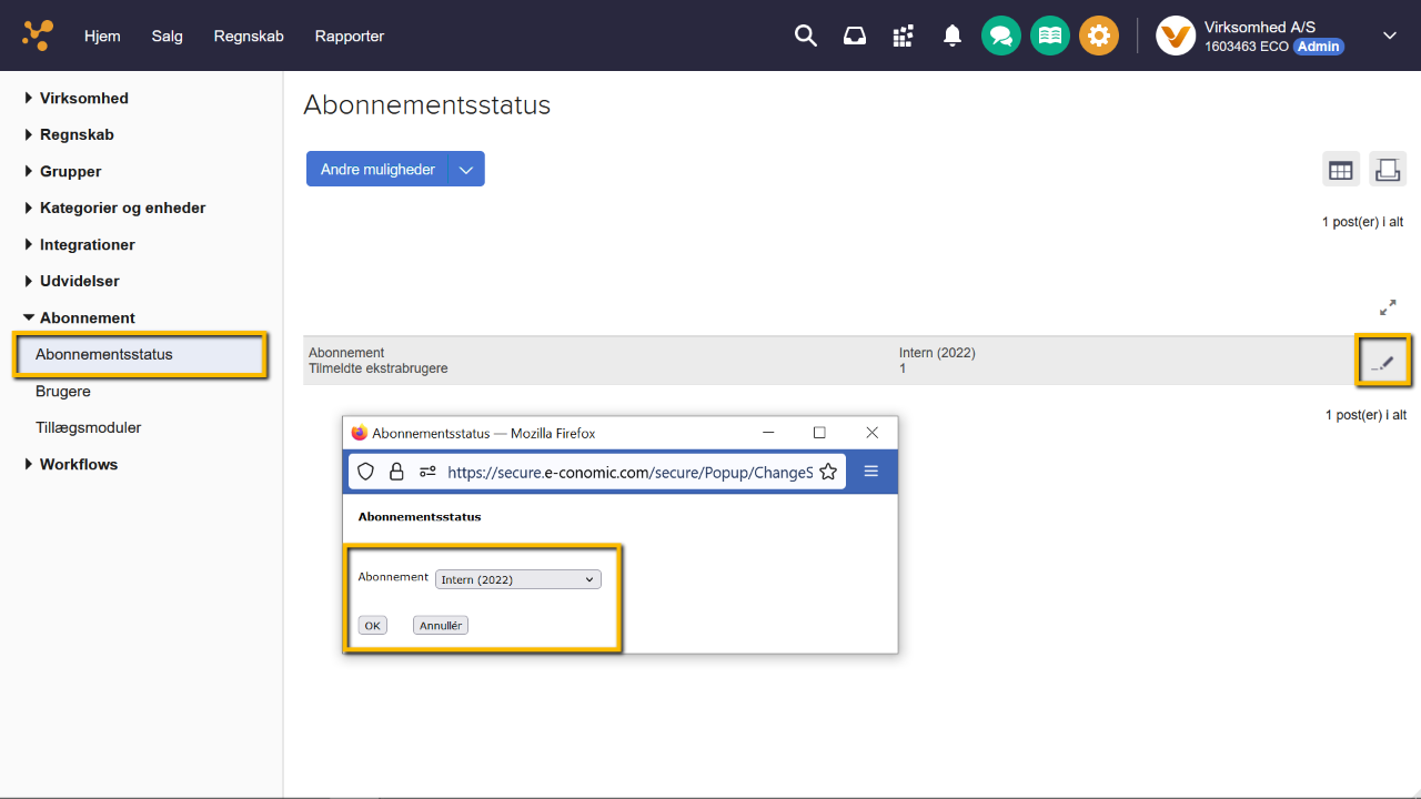 Viser redigeringsvinduet for abonnement i Abonnementsstatus – bruges til at skifte pakke på en aftale.
