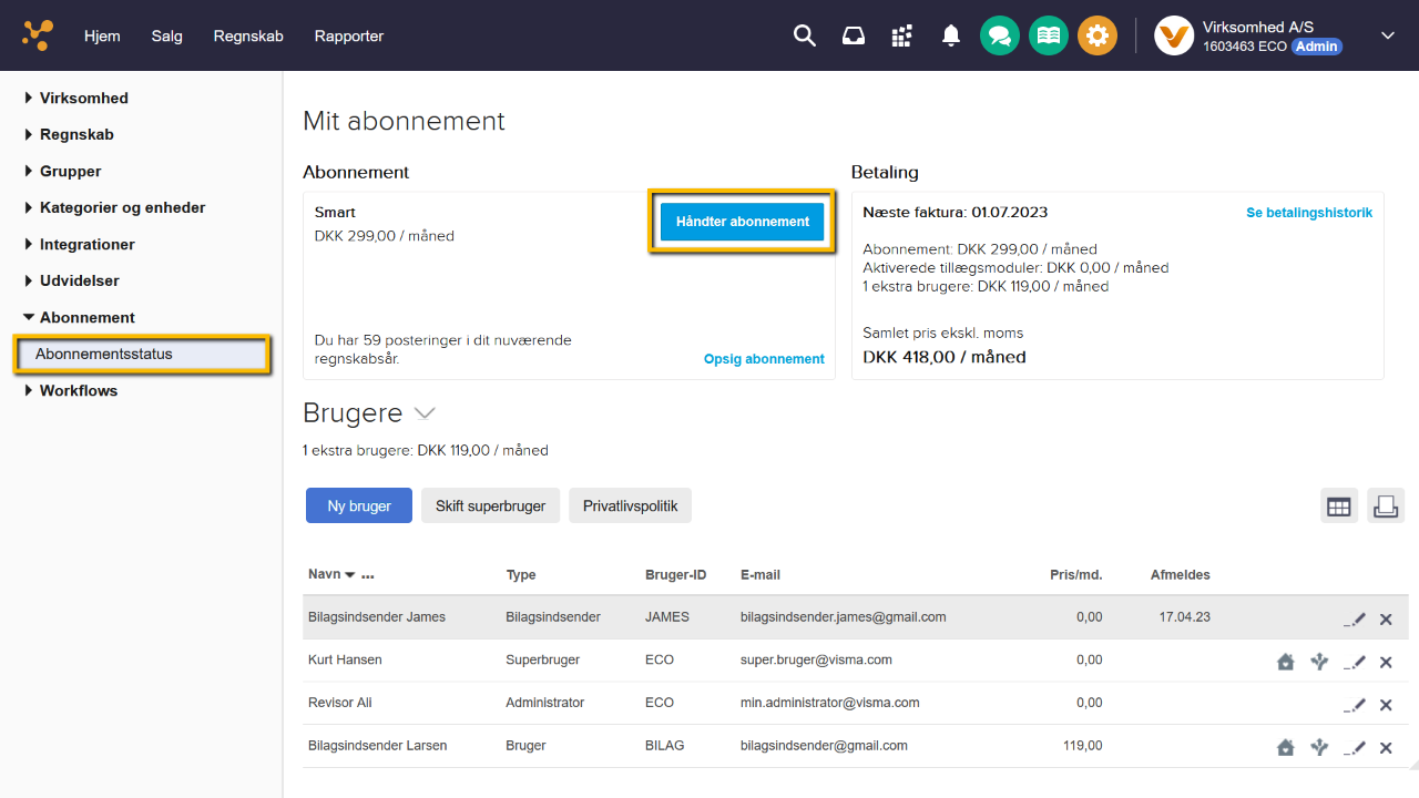 Viser knappen 'Håndter abonnement' i Abonnementsstatus – bruges til at skifte abonnementspakke.