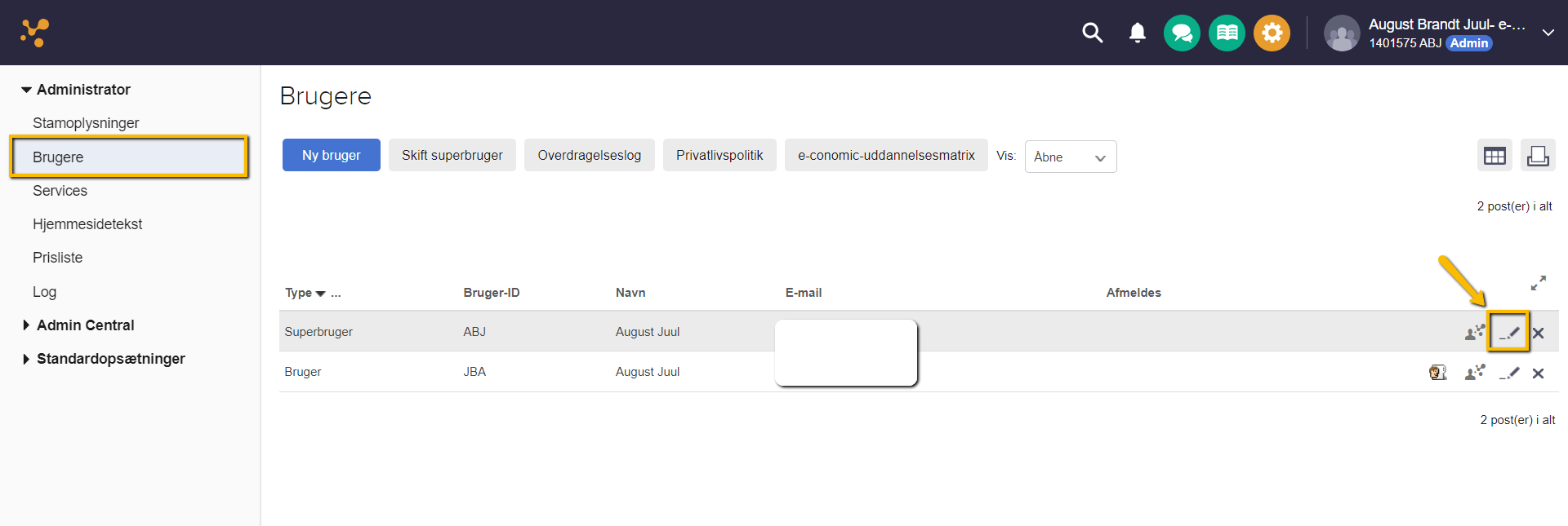 Viser Rediger-ikonet i brugeroversigten – bruges til at redigere en brugers tilladelser.