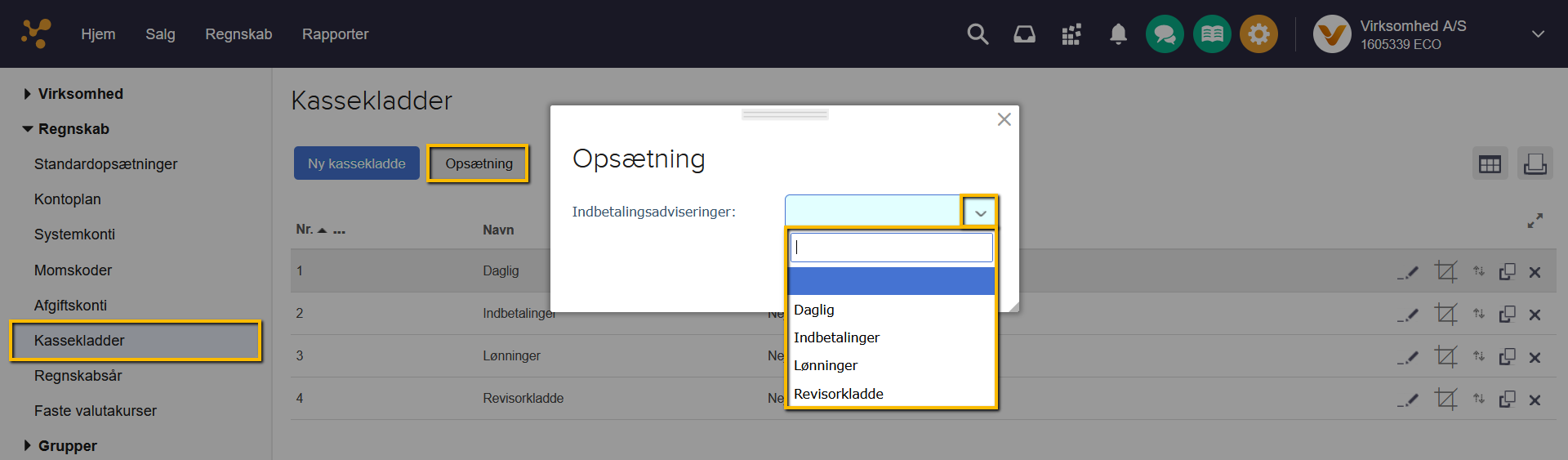Viser valg af kassekladde i opsætningen for Kassekladder – bruges til at angive hvilken kassekladde FI-indbetalinger skal overføres til.