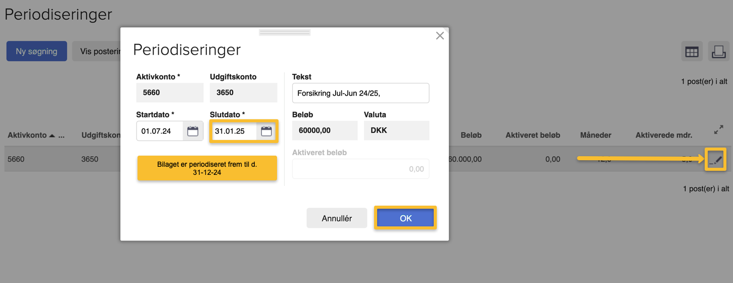 Viser redigering af slutdatoen for en periodisering i modulet Periodiseringer – bruges til at stoppe periodiseringen.