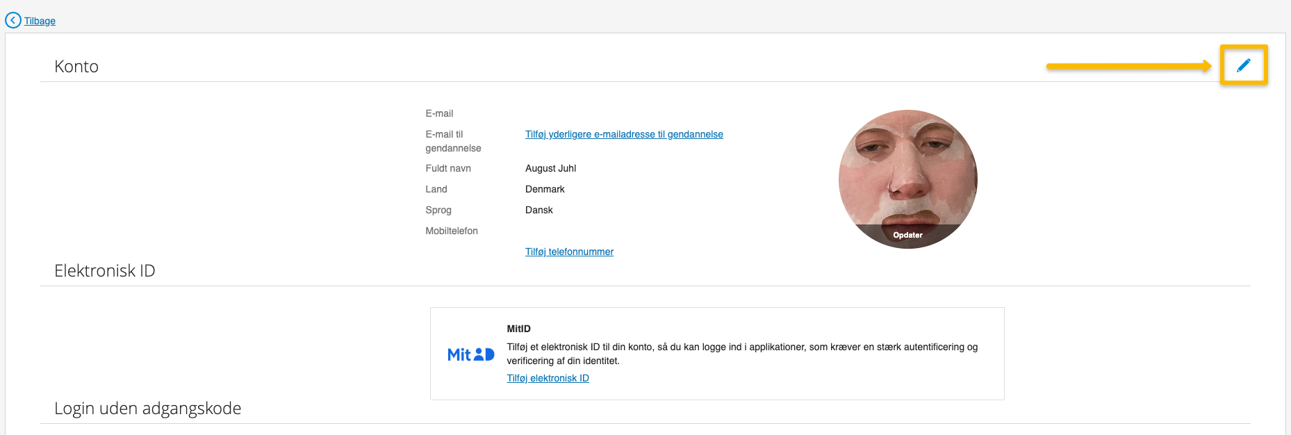 Viser Rediger-ikonet på kontosiden i Visma Connect – bruges til at redigere brugeroplysninger.