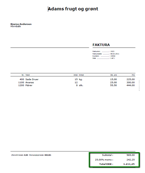 Viser et eksempel på momsudregning på en faktura – bruges til at vise, hvordan det endelige momsbeløb afrundes.