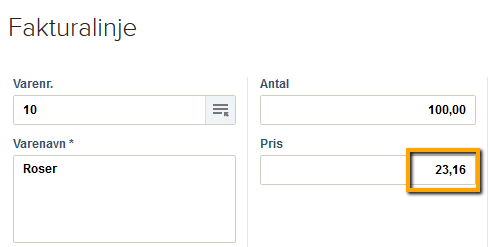 Viser en afrundet varepris i en fakturalinje – bruges til at illustrere at systemet automatisk afrunder beløb til to decimaler.