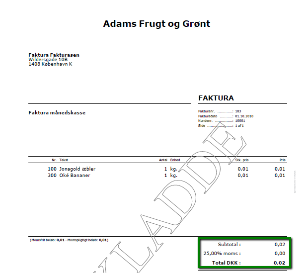 Viser en faktura med et momsbeløb på nul i Salgs-modulet – bruges til at illustrere, hvordan moms afrundes per fakturalinje.