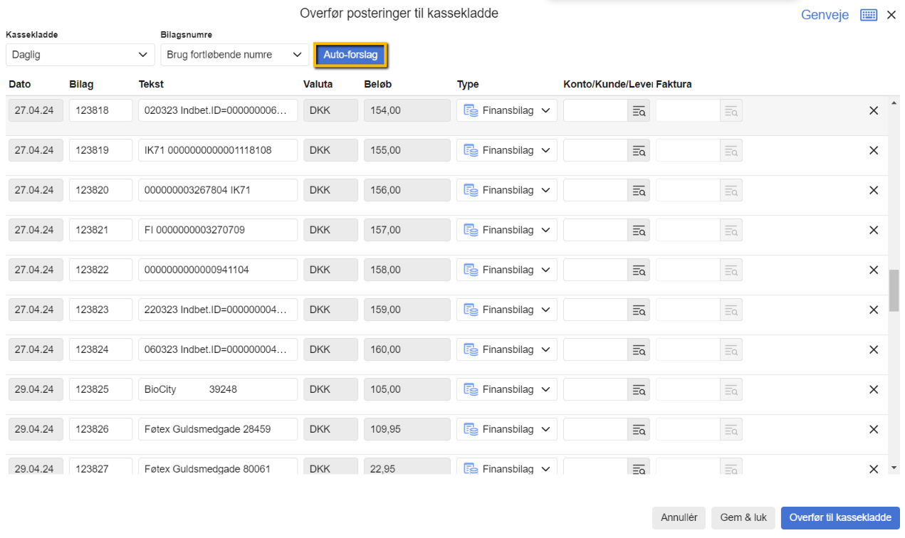 Viser "Auto-forslag"-knappen i vinduet "Overfør posteringer til kassekladde" – bruges til at få automatiske forslag til kontering af bankposteringer.