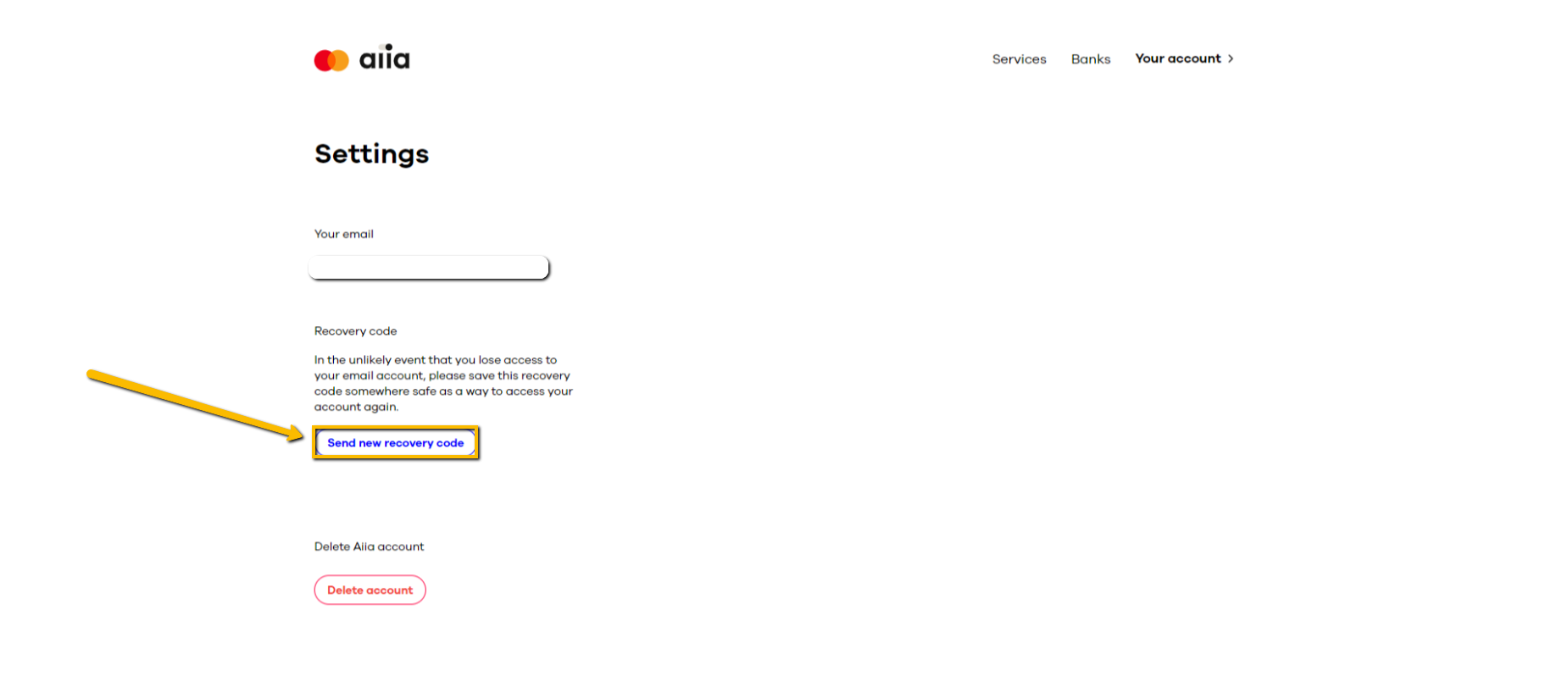 Viser knappen 'Send new recovery code' i Aiia-indstillinger – bruges til at få tilsendt en ny gendannelseskode.
