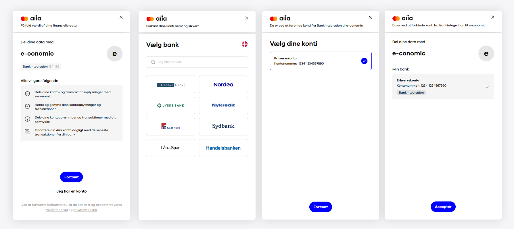 Viser opsætningsflowet i Aiia – bruges til at forbinde en bankkonto til e-conomic.