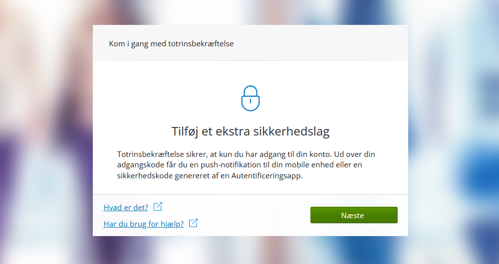 Viser pop-up-vinduet om totrinsbekræftelse i e-conomic – bruges til at starte opsætningen af et ekstra sikkerhedslag på brugerens konto.