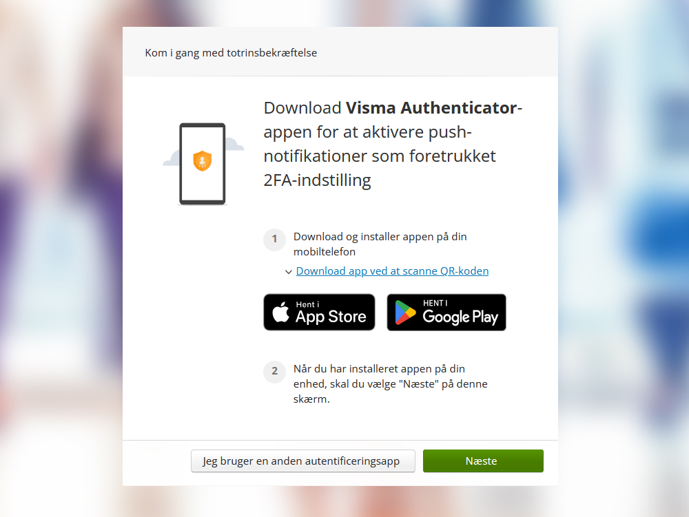 Viser opstartsflowet for totrinsbekræftelse i login-processen – bruges til at guide brugeren i at opsætte Visma Authenticator-appen.